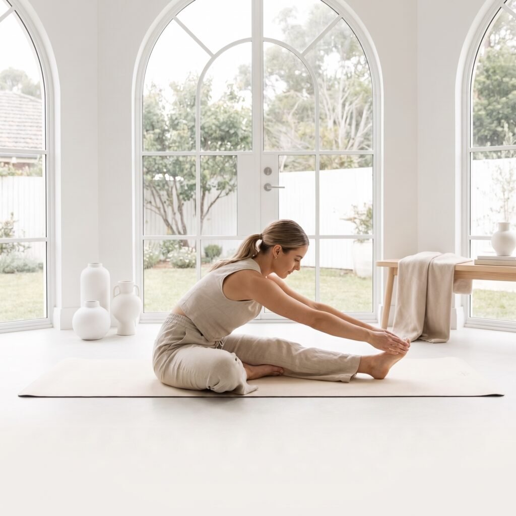 woman performing yoga stretch 2k 202608131039