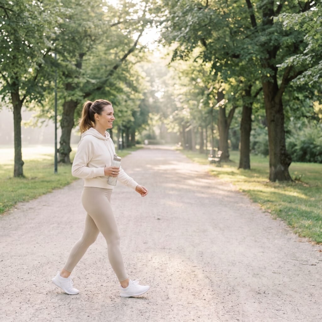 woman walking along park path 202608131151